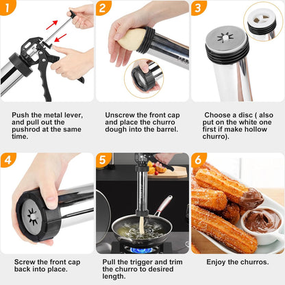 PAHTTO Churro Maker Machine, Stainless Steel Churros Gun Kit, 3-in-1 Multifunctional Cookie Press Hollow Churro with Piping Bag, 7 Piping Nozzles, 9 Cookie Discs & 2 Brushes, Easy to Clean