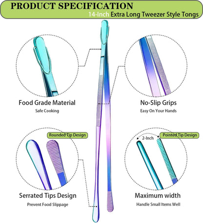 JETKONG 2 Pcs 12-Inch Kitchen Tweezers Fine Tweezer Tongs, Extra-Long Stainless Steel Cooking Tweezers (Silver)