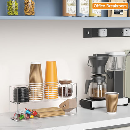 Beego 2-Compartment Cup Holder for Countertop - 2-Tier Clear Acrylic Cup Dispenser Coffee Station Paper Cup and Lid Organizer Condiment Storage for Restaurant Breakroom Kitchen Bar Accessories