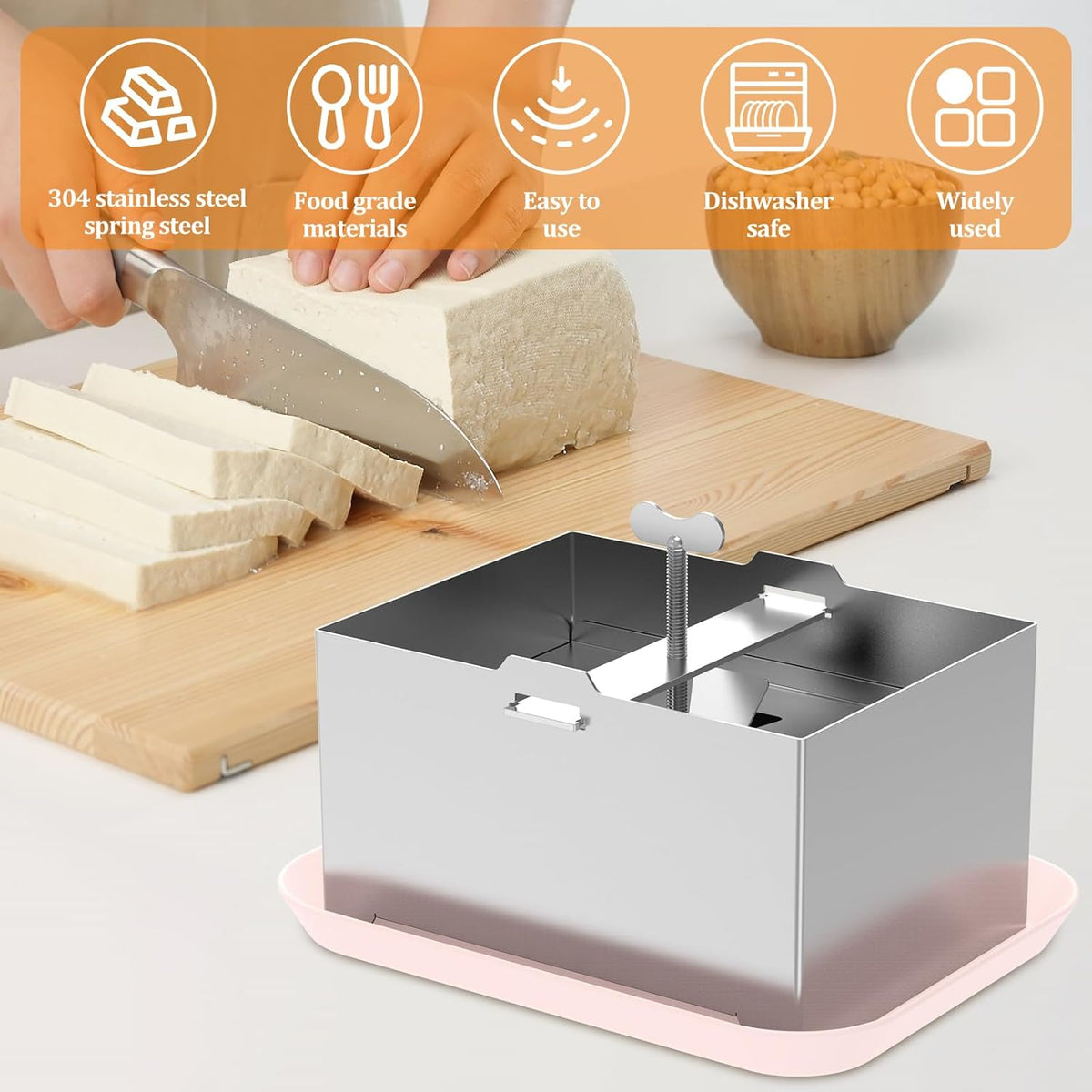Tofu Press Kit Food Grade 304 Stainless Steel Tofu Maker with Gauze and Drip Tray Detachable and Pressure Adjustable Press Maker for Homemade Cheese yogurt(Large)