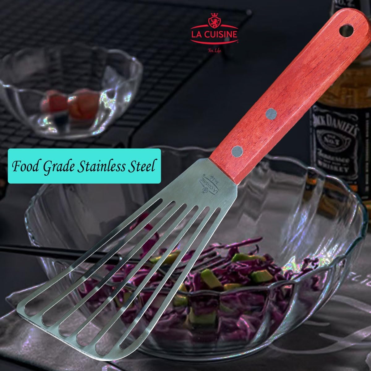 La Cuisine Extra Flexible Stainless Steel Fish Slotted Spatula Turner with Beveled Edge Wood handle, 6.5" Blade, 11" Length for Flipping Fish, Eggs, Pancakes, Patties & Fries