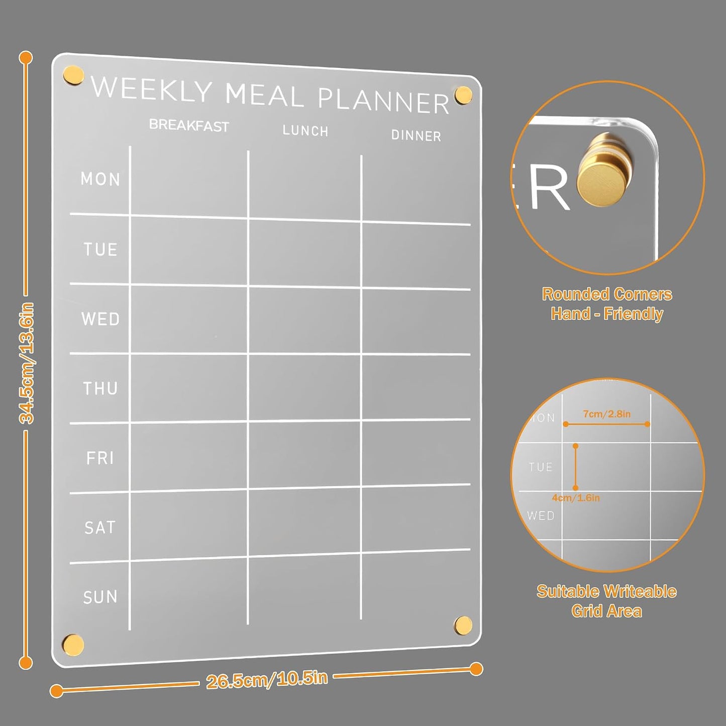 Acrylic Weekly Meal Planner – Clear Magnetic Dry Erase Menu Board for Fridge, Refrigerator Calendar & Grocery List Board