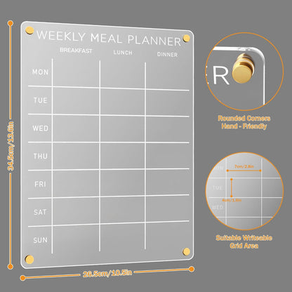 Acrylic Weekly Meal Planner – Clear Magnetic Dry Erase Menu Board for Fridge, Refrigerator Calendar & Grocery List Board