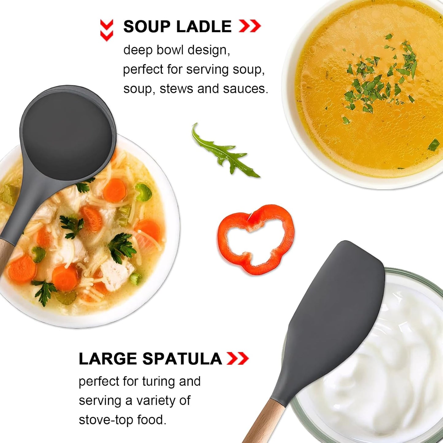 Kitchen Cooking Utensils Set, 6Pcs Silicone Kitchen Utensils Set Spatula Spoon Soup Ladle Turner, Heat Resistant Wooden Handle Silicone Cooking Gadgets for Nonstick Cookware & Baking BPA FREE