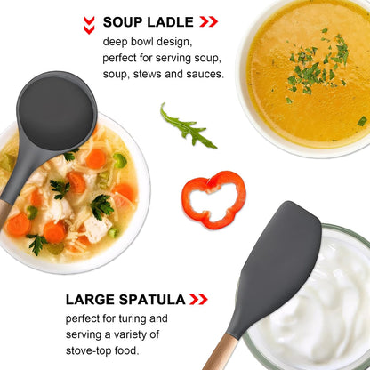 Kitchen Cooking Utensils Set, 6Pcs Silicone Kitchen Utensils Set Spatula Spoon Soup Ladle Turner, Heat Resistant Wooden Handle Silicone Cooking Gadgets for Nonstick Cookware & Baking BPA FREE