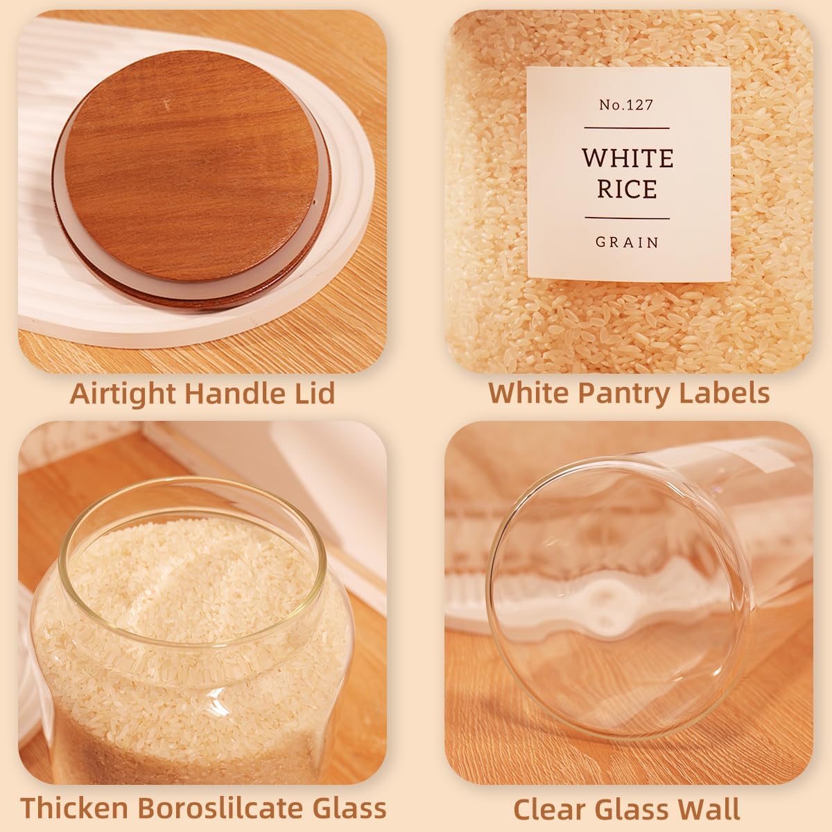 2 Pack Large Glass Flour and Sugar Containers with 132 Pantry Labels - 64 FL OZ Glass Canisters with Bamboo Airtight Lids - Farmhouse Glass Cookie Jars for Rice, Pasta, Cereal, Bath Salt