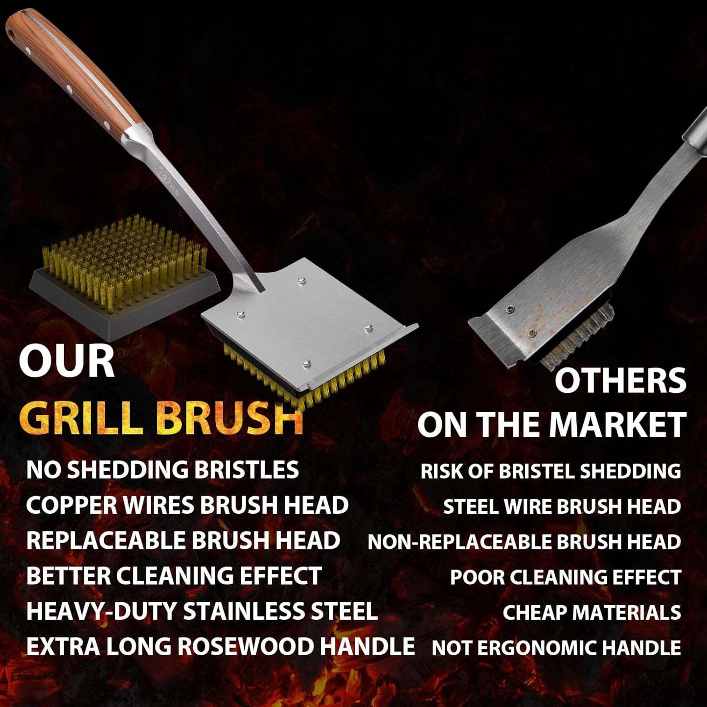 ENLOY Grill Brush and Scraper for Barbecue, 17" Grill Brush for Outdoor Grill, Extended Rosewood Handle and 2 Replaceable Copper Wire Brush Heads, Grill Cleaning Brush Grill Accessories for Most Grill