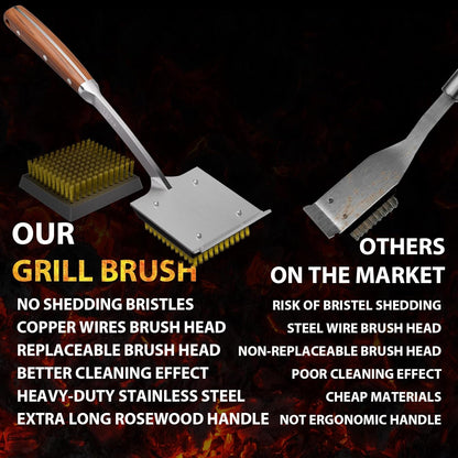 ENLOY Grill Brush and Scraper for Barbecue, 17" Grill Brush for Outdoor Grill, Extended Rosewood Handle and 2 Replaceable Copper Wire Brush Heads, Grill Cleaning Brush Grill Accessories for Most Grill