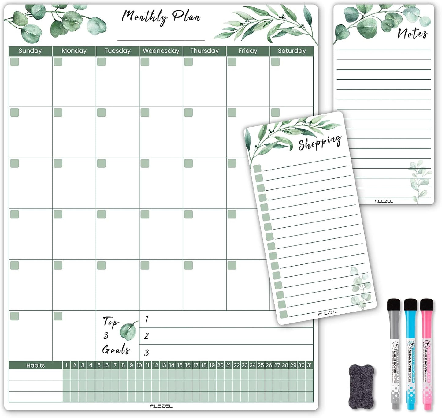 ALEZEL Magnetic Dry Erase Calendar for Fridge, Greenery Monthly Fridge Calendar Whiteboard Set - Vertical Monthly Calendar for Refrigerator, Grocery & to Do List White Board, 3 Markers + Eraser