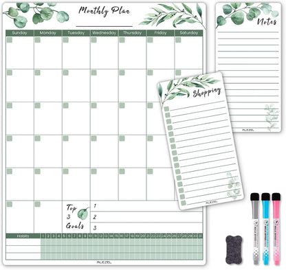 ALEZEL Magnetic Dry Erase Calendar for Fridge, Greenery Monthly Fridge Calendar Whiteboard Set - Vertical Monthly Calendar for Refrigerator, Grocery & to Do List White Board, 3 Markers + Eraser