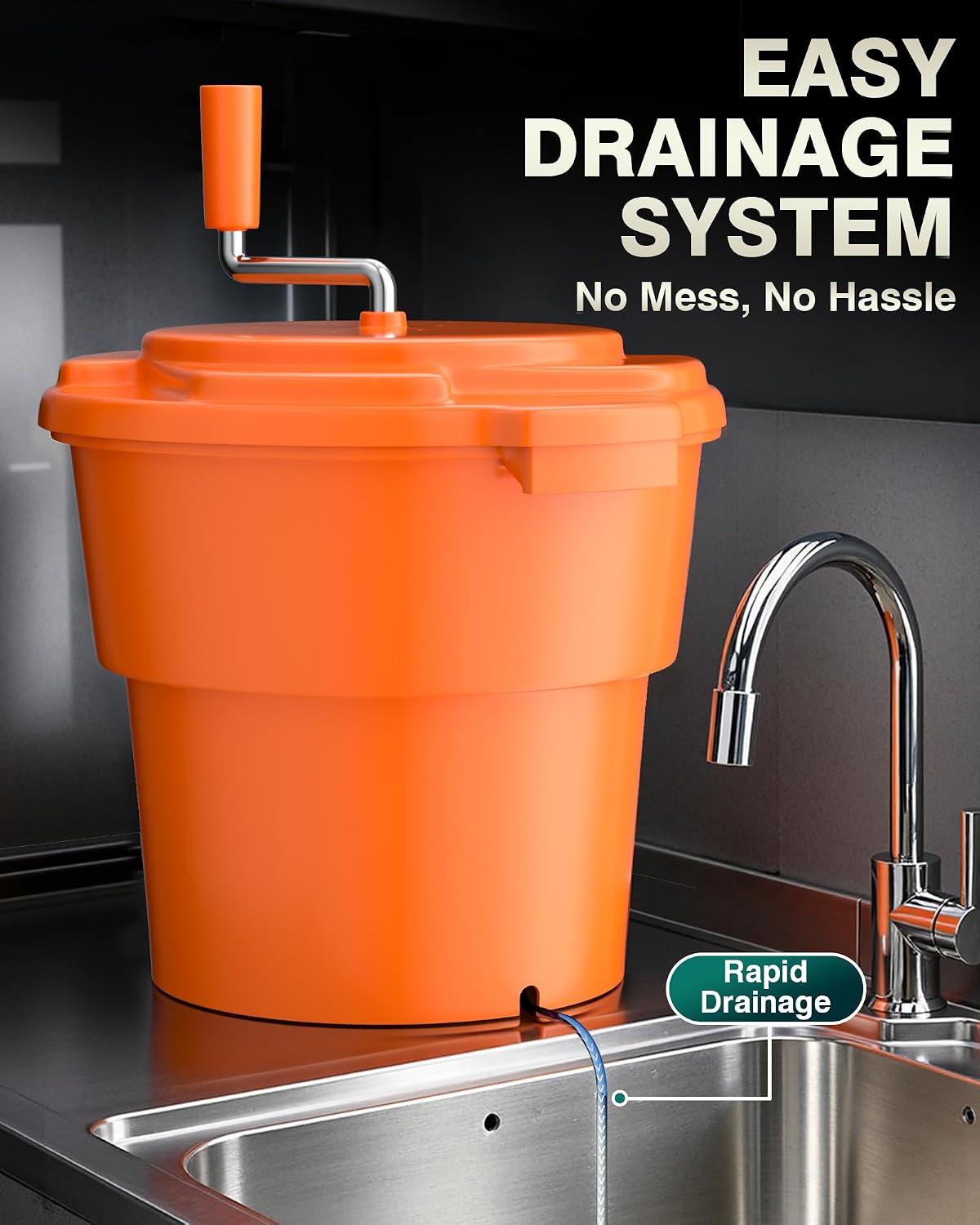 WantJoin Commercial Salad Spinner - 6 Gallon Salad Dryer w/Silicone Draining Hose, Orange, 24Qt Manual Salad Spinner for up to 7 Heads of Lettuce Spinner Large for Catering