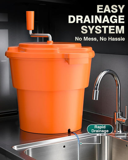 WantJoin Commercial Salad Spinner - 6 Gallon Salad Dryer w/Silicone Draining Hose, Orange, 24Qt Manual Salad Spinner for up to 7 Heads of Lettuce Spinner Large for Catering