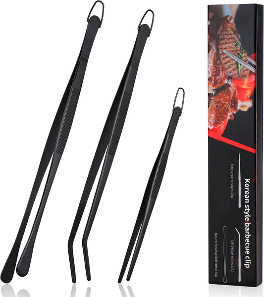 3 Pcs Cooking Tweezers Set, 8" 12" Food Grade 304 Stainless Steel Kitchen Tweezers with Straight & Angled Serrated Tips, Fingerprint-Proof Precision Tongs for BBQ, Plating, Aquascaping