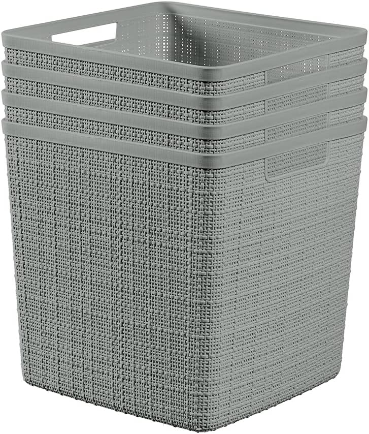 Curver Set of 4 Large 18L Easy Access Jute Decorative Plastic Organization and Storage Baskets - Perfect Bins for Home Office, Closet Shelves, Kitchen Pantry and All Bedroom Essentials, Black
