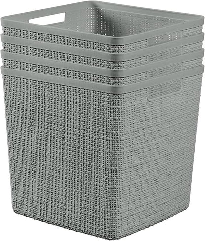 Curver Set of 4 Large 18L Easy Access Jute Decorative Plastic Organization and Storage Baskets - Perfect Bins for Home Office, Closet Shelves, Kitchen Pantry and All Bedroom Essentials, Black