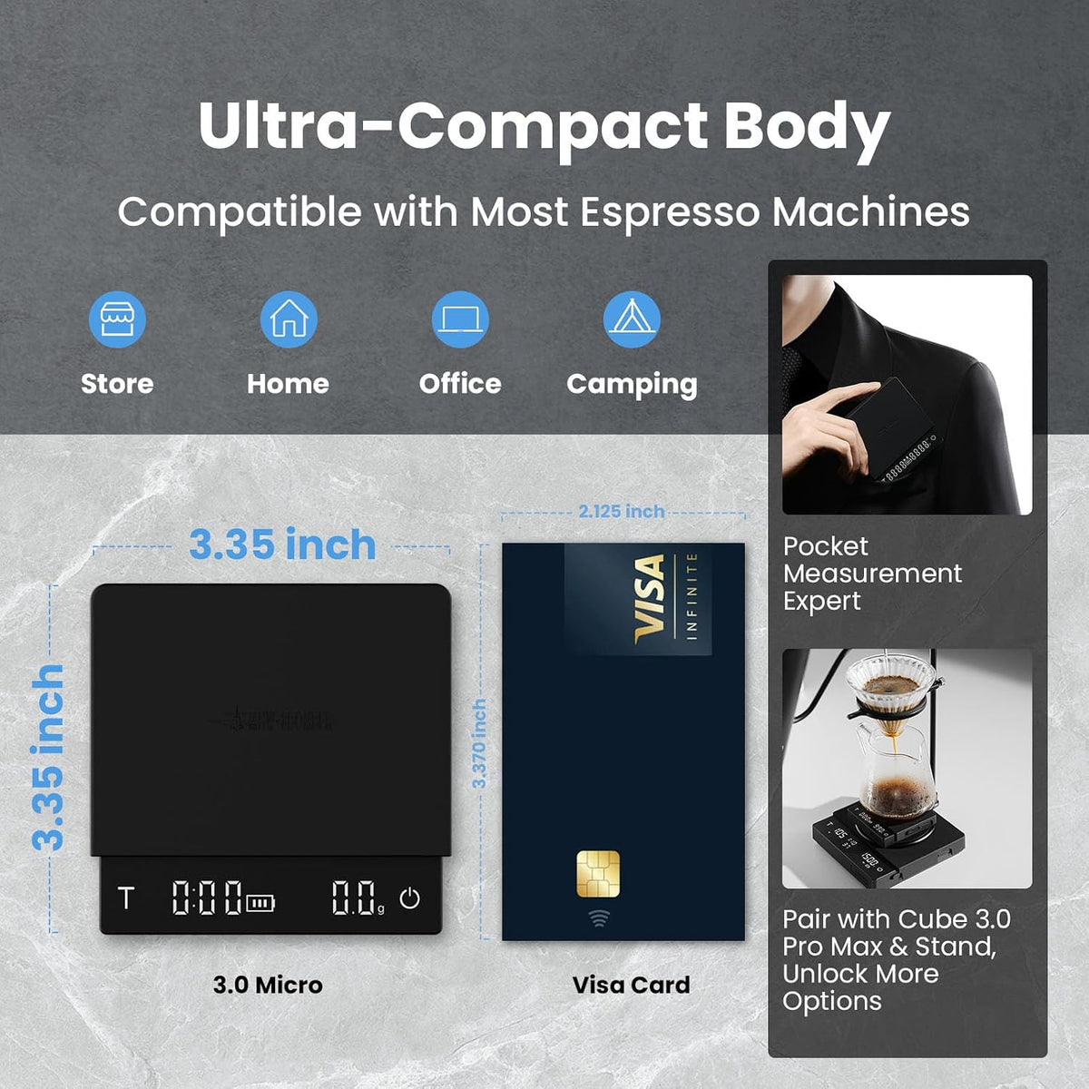 MHW-3BOMBER Extra-Large Coffee Scale with Timer, 5.9 * 5.9in, Digital Pour-Over Scale with Flow Rate, 2kg/0.1g Espresso Scale, 3-Brew Mode, Rechargeable Coffee Bean Weight Scale,Black,ES5663