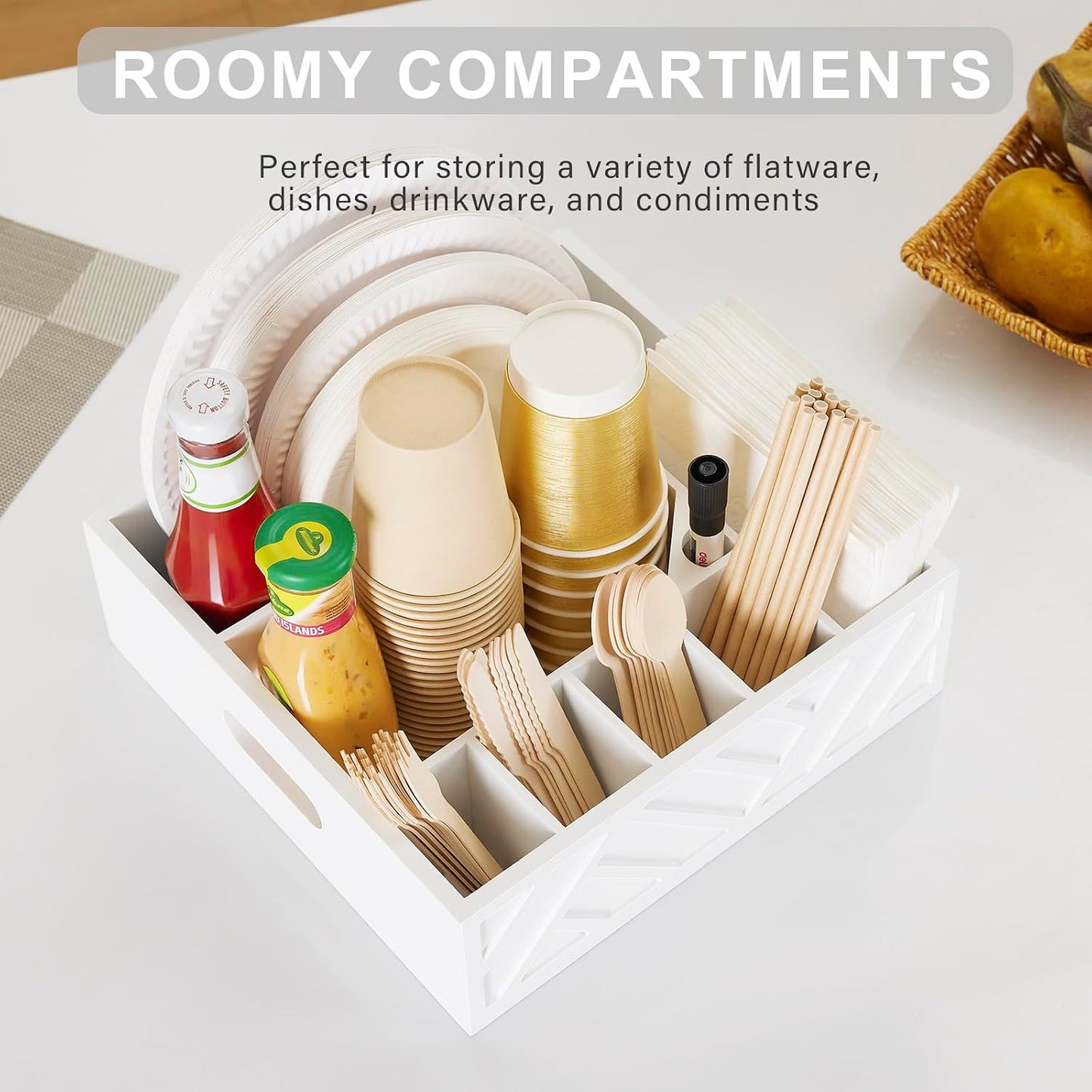 Utensil Holder for Party-Paper Plate Dispenser and Holders for countertop,Wood Rustic Silverware Utensil Caddy with 7 Compartments,Cutlery Flatware Organizer Box for Cup/Fork/Spoon,Kitchen Accessories