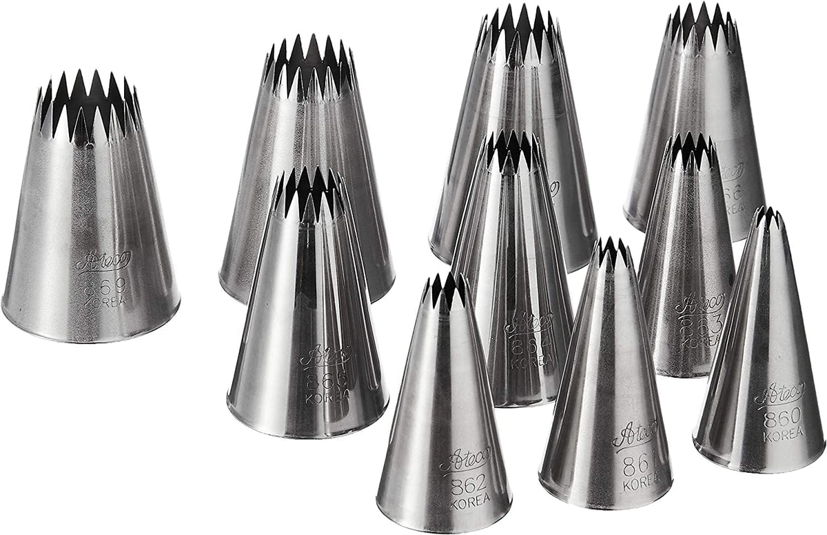 HIC Kitchen Ateco 870 - 10 Piece French Star Tube Set, Stainless Steel Pastry Tips, Sizes 0 - 9