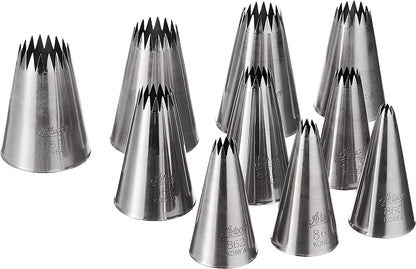 HIC Kitchen Ateco 870 - 10 Piece French Star Tube Set, Stainless Steel Pastry Tips, Sizes 0 - 9