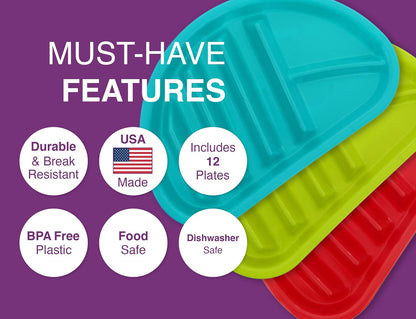 Arrow Home Products Fiesta Taco Plate, 12 Pack - Each Plate Includes 3 Taco Holders Plus 2 Compartments - BPA Free Plastic, Made in the USA, Dishwasher Safe - Assorted Colors