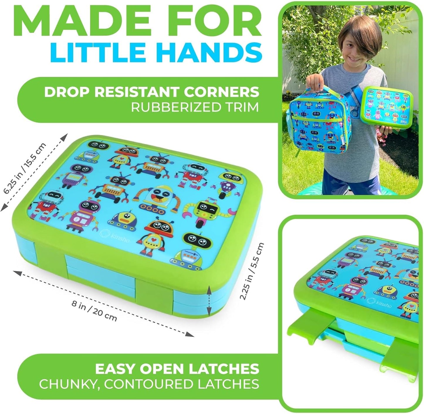 Kids Lunch Box - Bento Box for Boys Toddler Daycare, 4 Portion Sections with Lid, Snack Container Pre-School Kid Lunches Toddlers Removable Tray BPA Free, 3+ Years Old, Blue Rocket Dinosaur