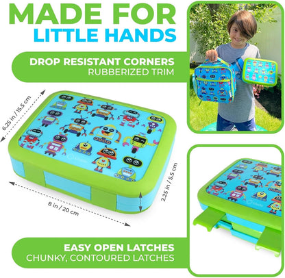 Kids Lunch Box - Bento Box for Boys Toddler Daycare, 4 Portion Sections with Lid, Snack Container Pre-School Kid Lunches Toddlers Removable Tray BPA Free, 3+ Years Old, Blue Rocket Dinosaur