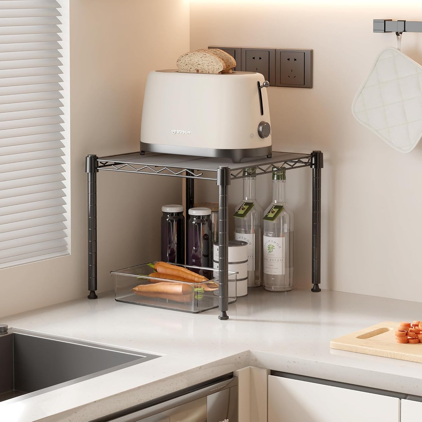 Whitmor 2-Wire Shelving Unit, Metal Storage Shelves, Stacking Shelf with Basket, Easy Assembly Home Organizer for Pantry, Kitchen, Garage, Plant