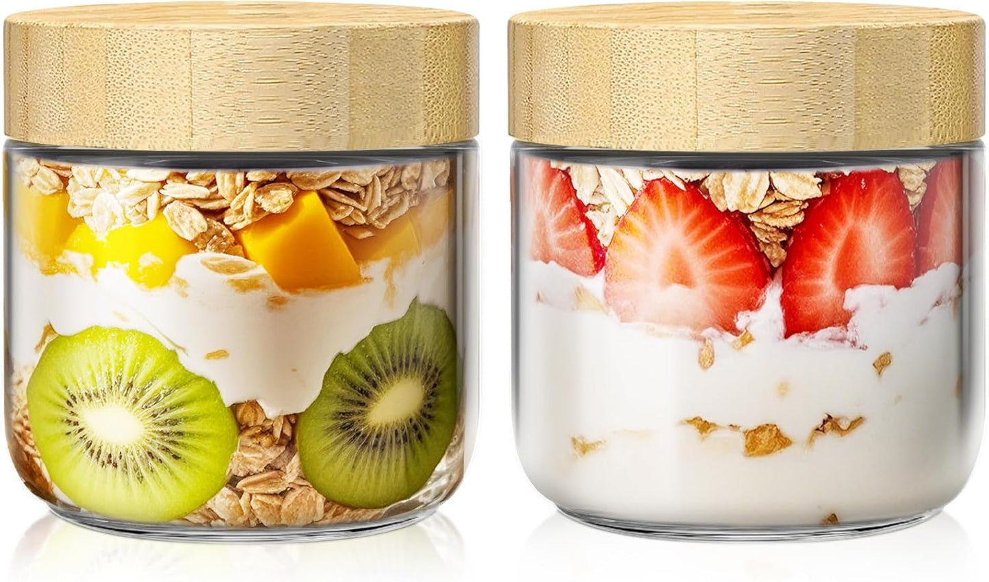 6 Pack 16oz Overnight Oats Containers with Bamboo Lids, Glass Jars with Airtight Lids for Meal Prep, Wide Mouth Mason Salad Jars, Glass Food Storage Container for Yogurt Chia Snacks Spice Sugar