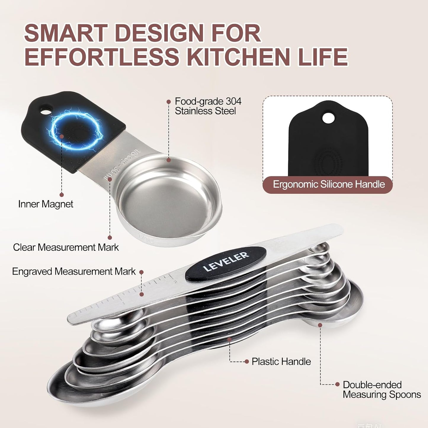 16-Piece Stainless Steel Measuring Cups and Spoons Set, Strong Magnetic Nesting Design 7 Cups 8 Spoons with Leveler, Double Measurement Markings for Dry & Liquid Ingredients, Gold