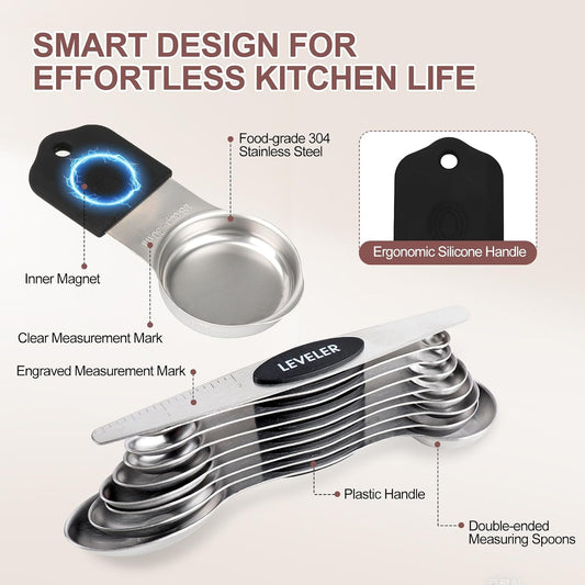 16-Piece Stainless Steel Measuring Cups and Spoons Set, Strong Magnetic Nesting Design 7 Cups 8 Spoons with Leveler, Double Measurement Markings for Dry & Liquid Ingredients, Gold
