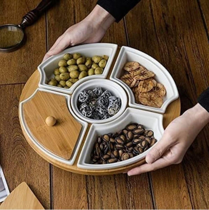 Allure Life Ceramic Appetizer Serving Platter with Bamboo Lid – 5 Section Divided Dish Set for Fruits, Snacks & Dips, White