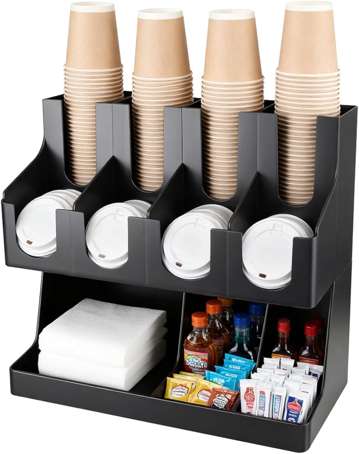 Commercial Cup and Lid Holder with Straw Organizer,Disposable Coffee Cup Condiment Dispenser for Countertop Org, Coffee Bar, Beverage Cup, Kitchen, Breakroom (11 Compartment Upright)