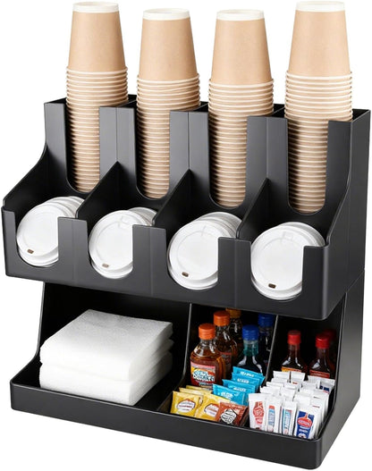 Commercial Cup and Lid Holder with Straw Organizer,Disposable Coffee Cup Condiment Dispenser for Countertop Org, Coffee Bar, Beverage Cup, Kitchen, Breakroom (11 Compartment Upright)