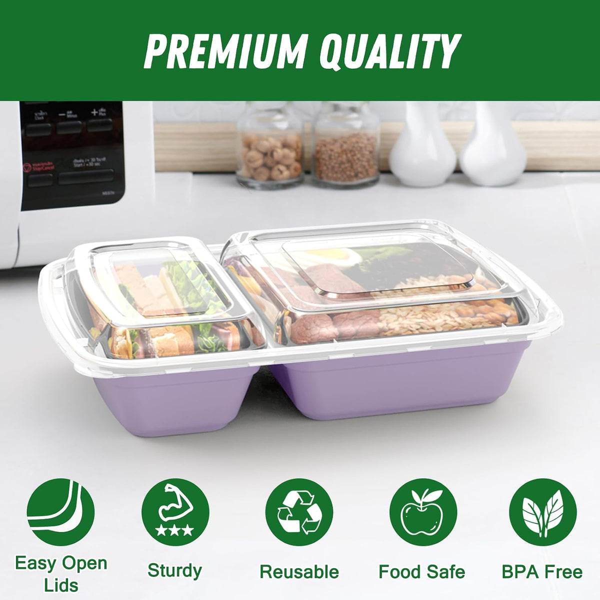 Dealusy 50 Pack (100-Piece) 28 oz Meal Prep Containers Reusable with Lids 2-Compartment, Sturdy Leakproof Food Safe, Microwave Freezer Dishwasher Safe, To Go Take Out Plastic Food Storage, Black