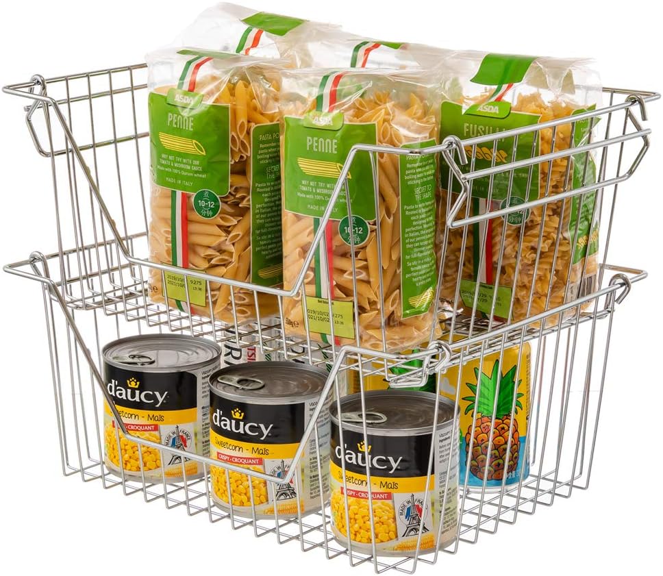 Stackable Wire Metal Baskets Sturdy Cabinet Organizer Wire Pantry Freezer Bin with Handle for Kitchen Fruit Vegetable Organization, Black, 3Packs