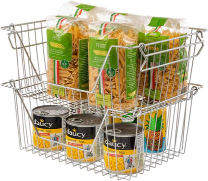 Stackable Wire Metal Baskets Sturdy Cabinet Organizer Wire Pantry Freezer Bin with Handle for Kitchen Fruit Vegetable Organization, Black, 3Packs