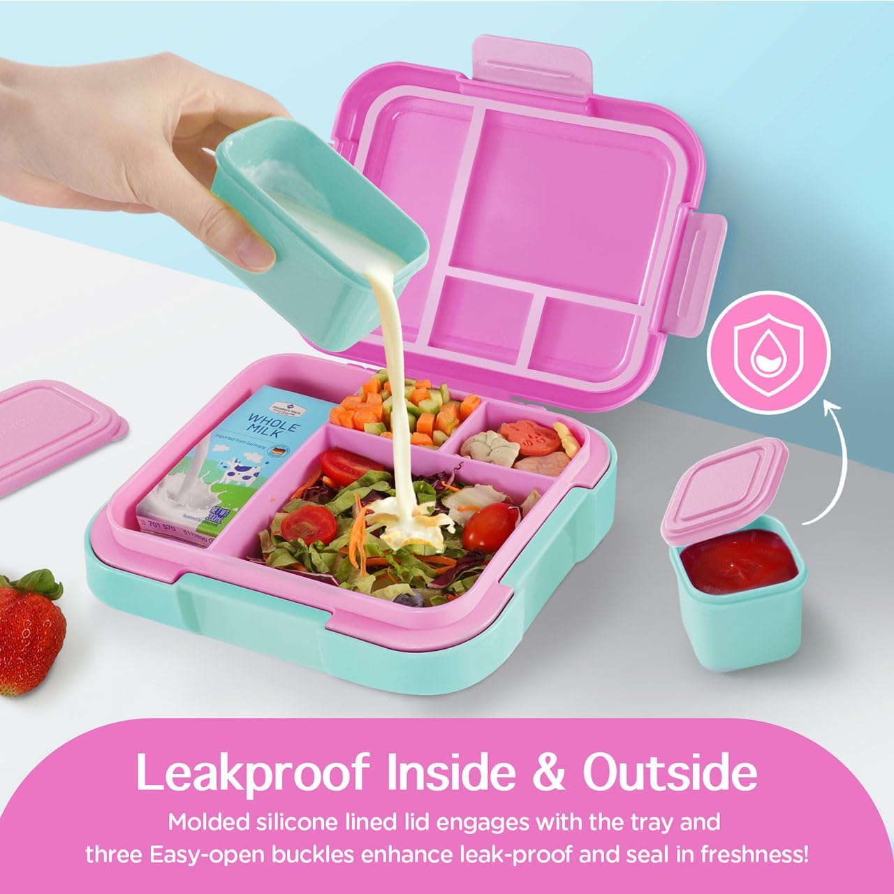 Caperci Bento Box for Kids - Large 4.8 Cups Lunch Box with Two Modular Containers - 4 Compartments, Leak-Proof, Portable Handle, Microwave/Dishwasher Safe, BPA-Free (Jungle Green/Blue)