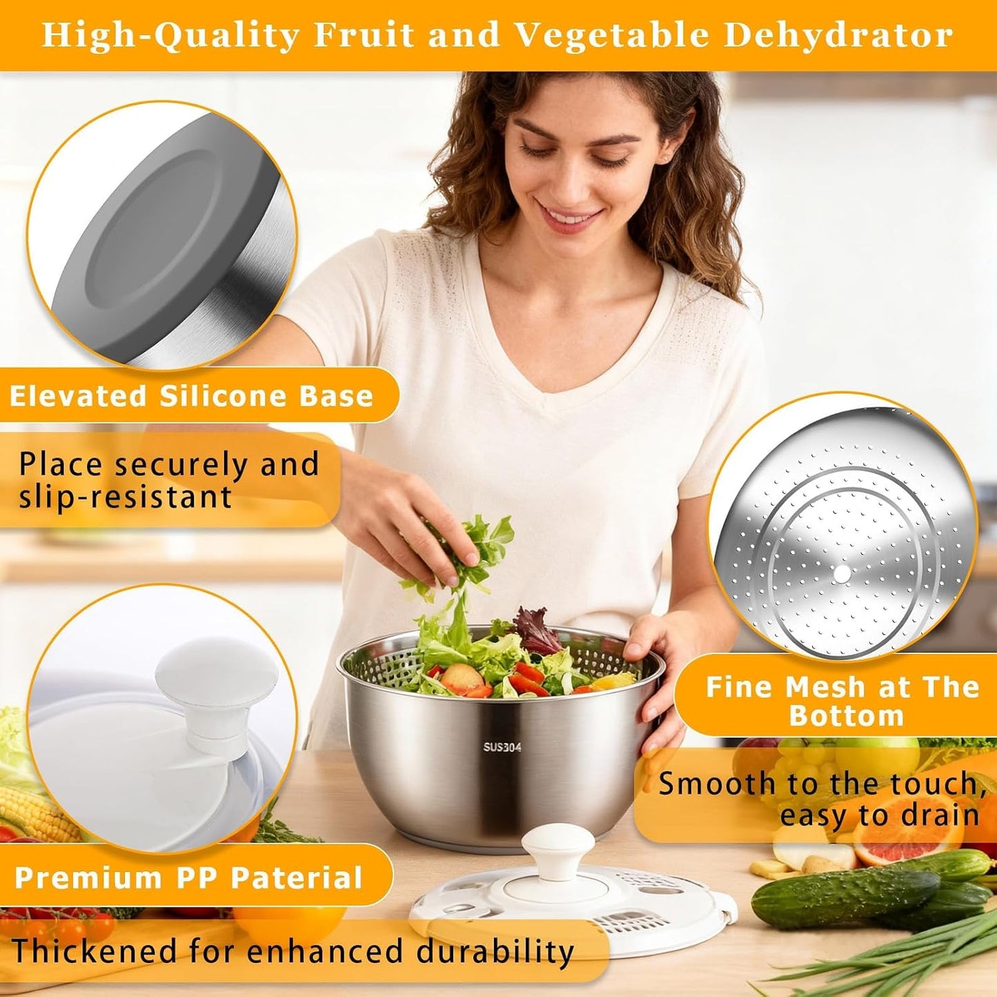 Large Salad Spinner Stainless Steel – 6L Metal Salad Spinner with PP Cover, Perfect for Dehydrating Lettuce, Vegetables, Fruits, Pasta, and Homemade French Fries