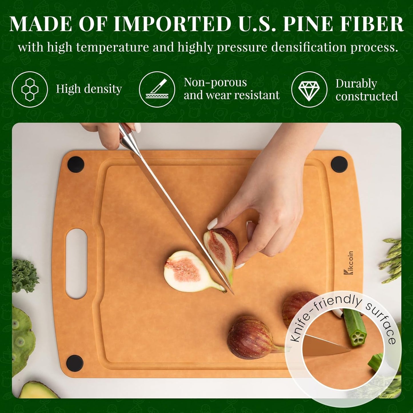 Kikcoin Wood Cutting Board, Cutting Boards for Kitchen Dishwasher Safe Non-slip Chopping Board with Juice Groove, Wood Fiber Composite Cutting Board with Hanging Hole, 14.6"*10.8"
