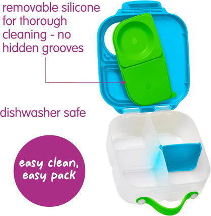b.box Mini Lunch Box 2-Pack, Leak Proof Bento Box for Kids, 3 Compartment Snack Containers Ages 3+, Lunchbox for Daycare + School, Dishwasher Safe, BPA-Free, PFAS-Free, 4.25 Cup - Blue + Green