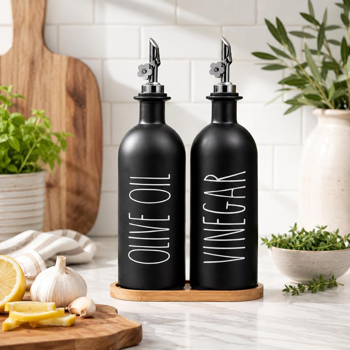 HOMCDALY Premium Olive Oil Dispenser for Kitchen, 11.8oz Glass Oil Bottles with Bamboo Tray, White Oil&Vinegar Cruet Set, Kitchen Dispenser Bottles with Pourer| Set of 2 (11.8oz –P–White)