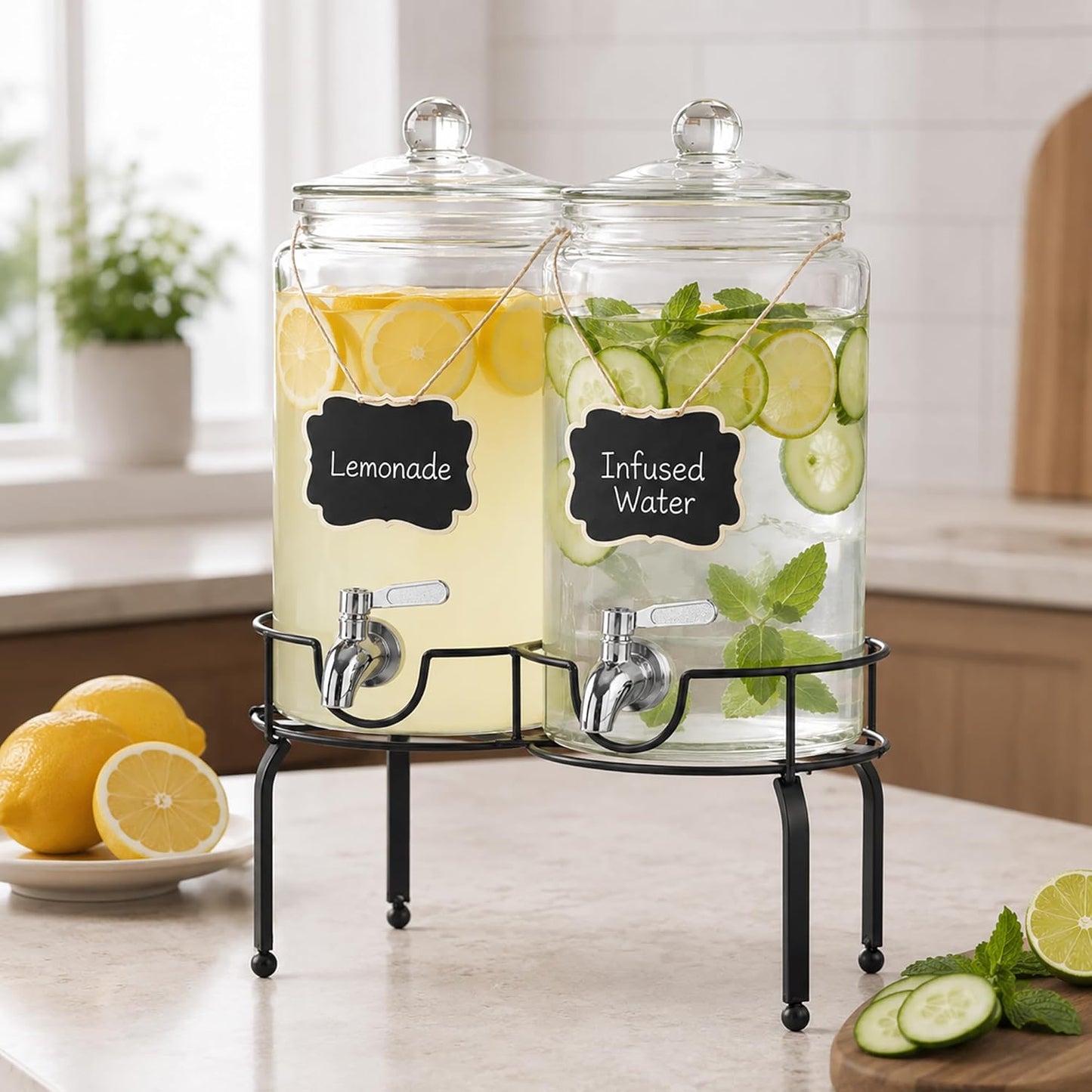 1 Gallon Beverage Dispenser 1 Pack, Stainless Steel Spigot Drink Dispenser for Parties with Stand, Clear Glass Drink Container Easy to Refill and Clean