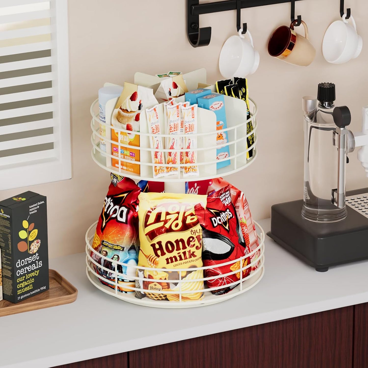 Snack Organizer - Versatile Snack Storage 2 Tier Lazy Susan with Convenient Grab-and-Go Design, Metal Snack Holder for Home, Office, Breakroom, 11.85" L x 11.85" W x 13.3" H (Matte Black)
