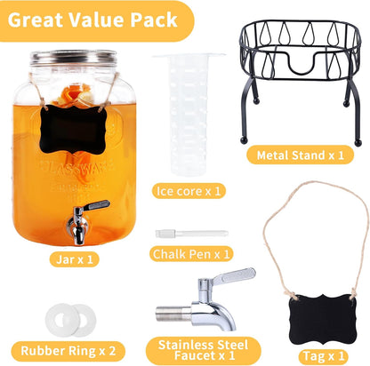 2 Gallon Glass Beverage Dispenser Jars, Ice Juice Dispenser with Stainless Steel Faucet and Metal Stand for Parties & Wedding (1 Pack Jar)