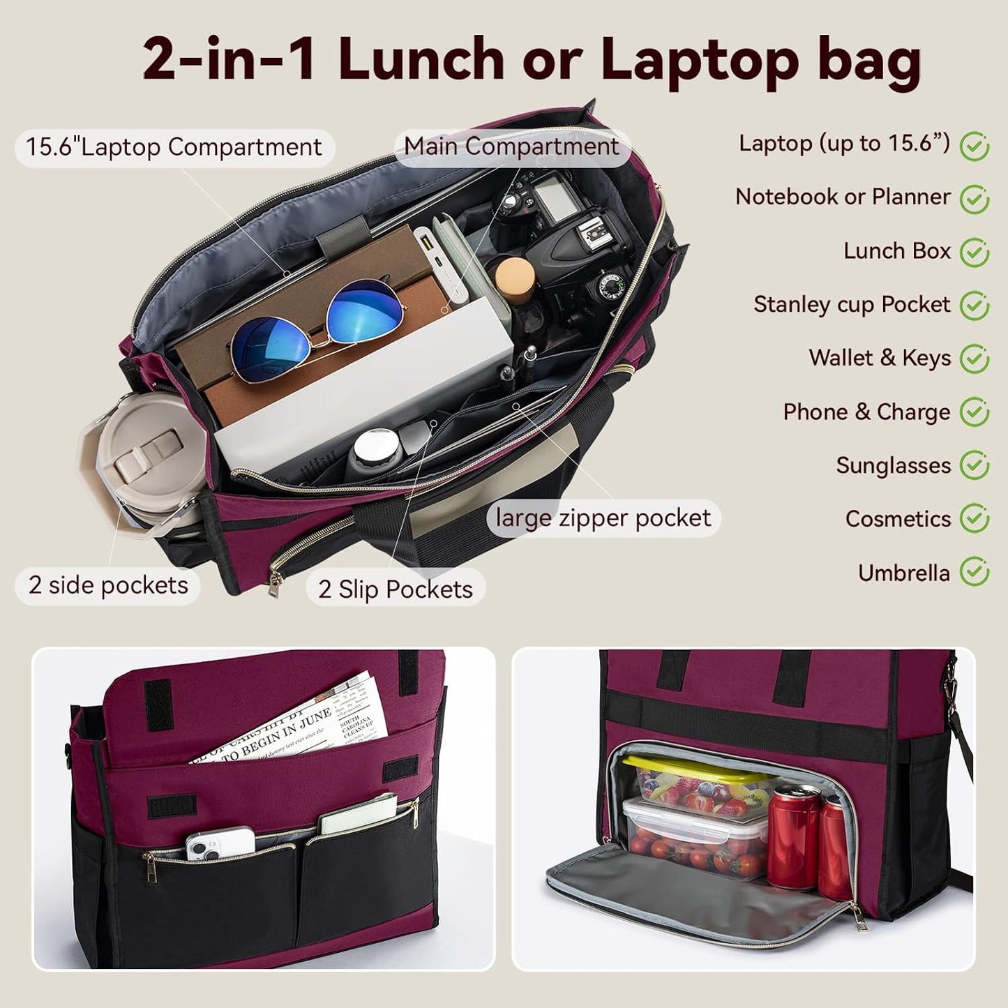 PASMAN Insulated Lunch Bag for Women, 15.6" Laptop Tote with Leakproof Cooler Compartment for Nurse Teacher Work Office and Outdoor
