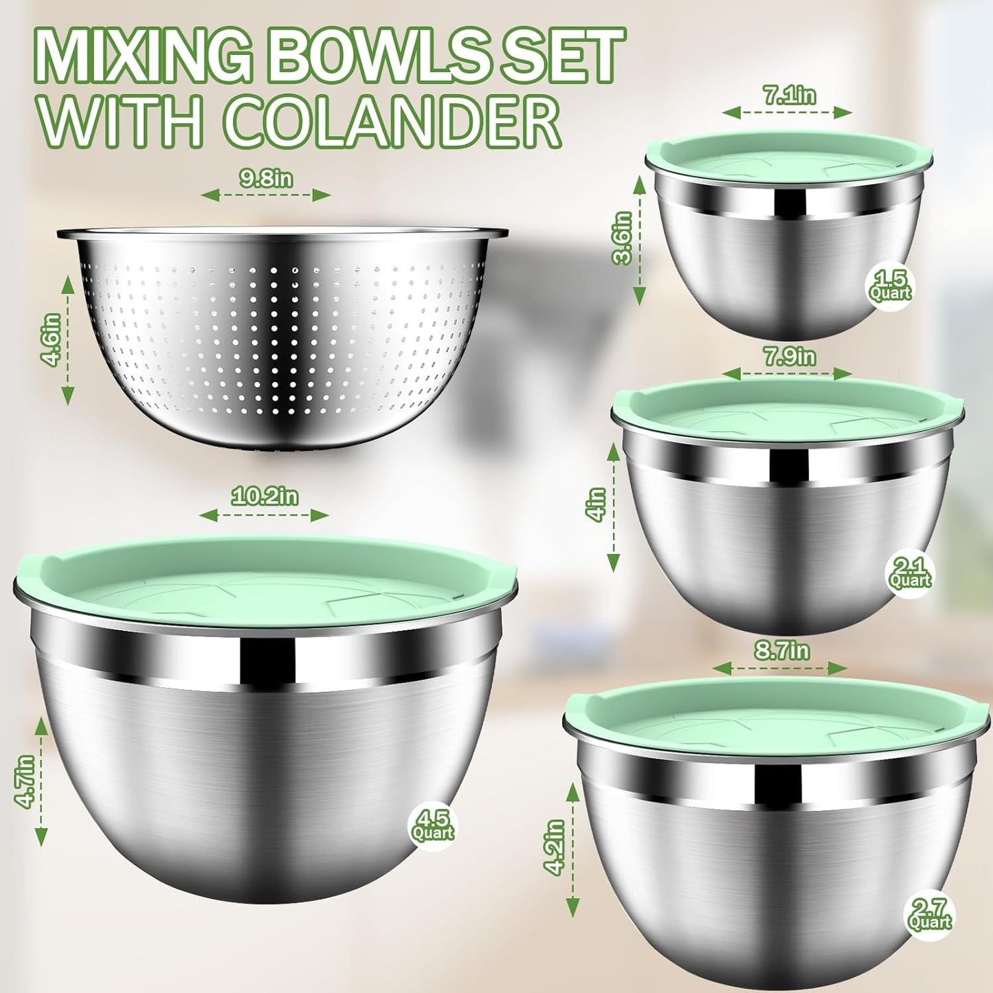 DUTZUN Mixing Bowls with Lids Set - 16pcs Stainless Steel Mixing Bowl Set with Colander, 3 Grater Attachments, Non-Slip Bottom, Metal Nesting Bowls with Strainer for Mixing & Serving - Black