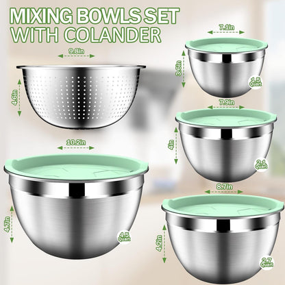 DUTZUN Mixing Bowls with Lids Set - 16pcs Stainless Steel Mixing Bowl Set with Colander, 3 Grater Attachments, Non-Slip Bottom, Metal Nesting Bowls with Strainer for Mixing & Serving - Black