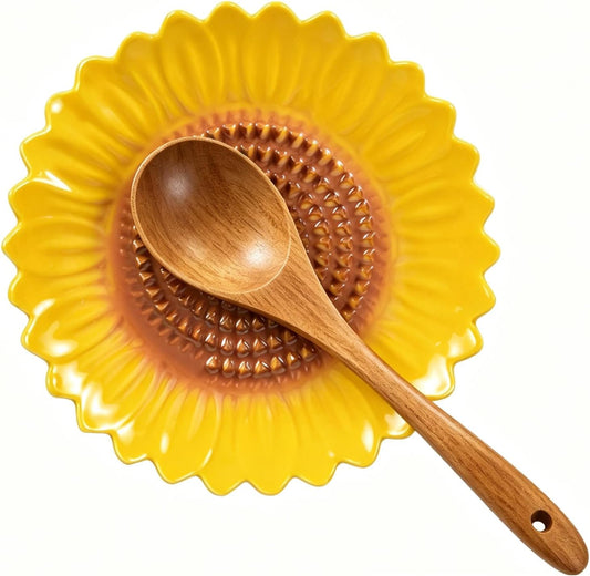Ceramic Garlic Ginger Grater Plate & Spoon Rest, Sunflower Decor