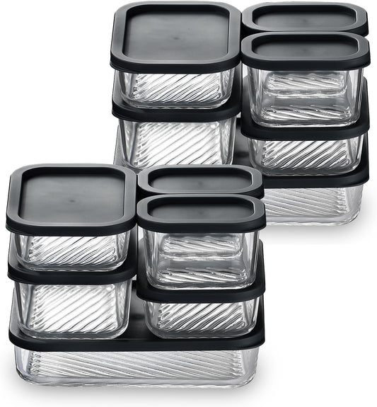 EATEX Grooved Base Glass Meal Prep Containers, 12 Pack Glass Food Storage Containers with Lids for Meal Prep & Lunch, Microwave Oven Freezer Dishwasher Safe, Anti Moisture Non-Stick Design - Black