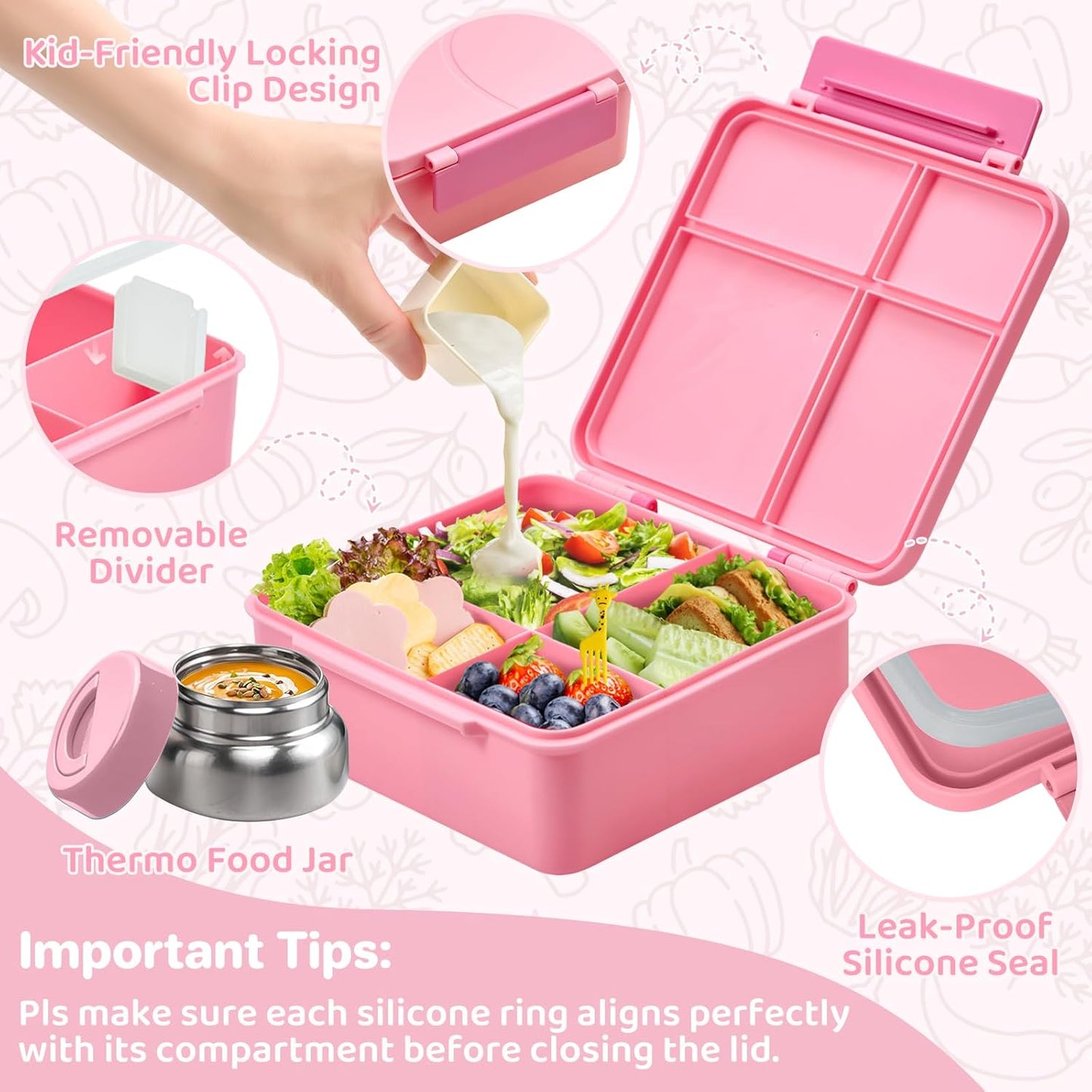 JSLOVE Bento Lunch Box with Leak Proof Thermos Food Jar for Kids, Food Lunch Containers for Boys with 4 Compartments, BPA-Free with Utensils, Food Picks, Sauce Jar & Silicone Lunch Box Dividers